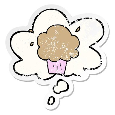karikatür cupcake ve sıkıntılı yıpranmış etiket olarak kabarcık düşünce