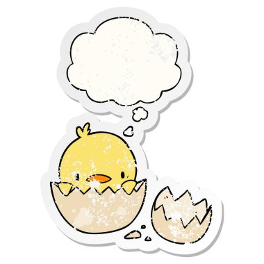 karikatür civciv ve sıkıntılı yıpranmış etiket olarak kabarcık düşünce