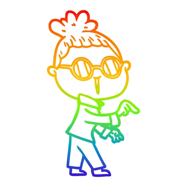 Arco iris gradiente línea dibujo dibujos animados mujer usando gafas — Vector de stock