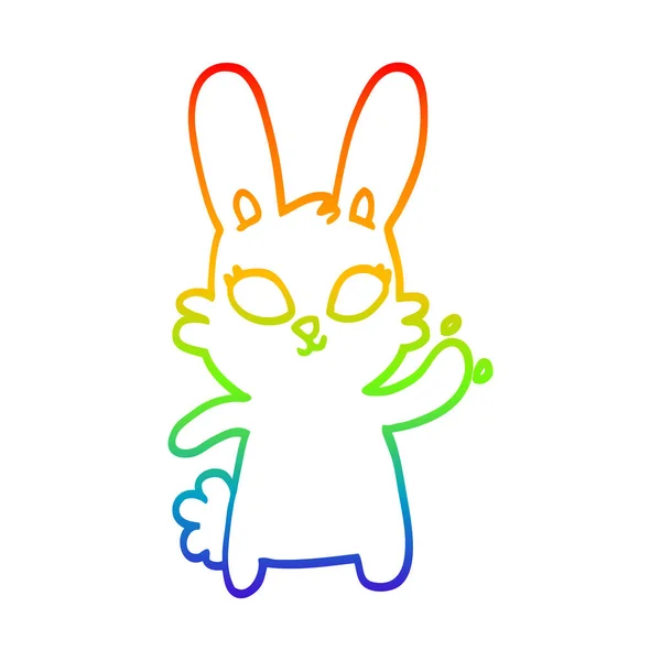 彩虹渐变线绘制可爱的卡通兔子挥舞 — 图库矢量图片