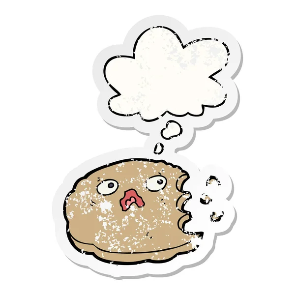Desenho animado mordido biscoito e bolha de pensamento como um st desgastado angustiado —  Vetores de Stock