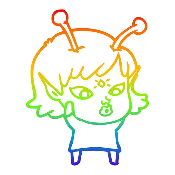 Rainbow gradient ligne dessin jolie dessin animé alien fille — Image vectorielle