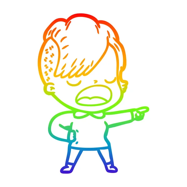 Arcobaleno gradiente linea disegno cartone animato fresco hipster ragazza parlando — Vettoriale Stock