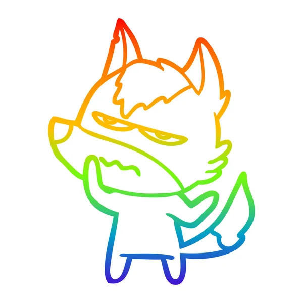 Linea gradiente arcobaleno disegno cartone animato lupo infastidito — Vettoriale Stock