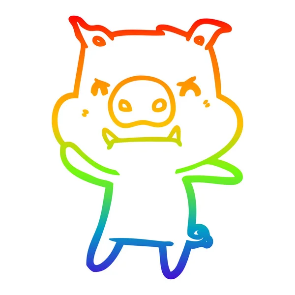 Linea gradiente arcobaleno disegno arrabbiato cartone animato maiale — Vettoriale Stock