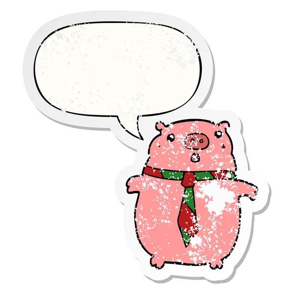 Dessin animé cochon portant cravate de bureau et bulle de la parole en détresse stic — Image vectorielle