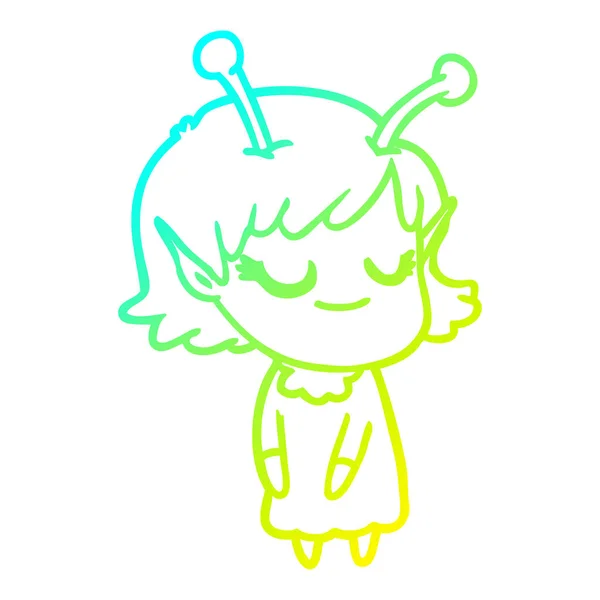 Linha gradiente frio desenho sorridente alienígena menina desenhos animados — Vetor de Stock