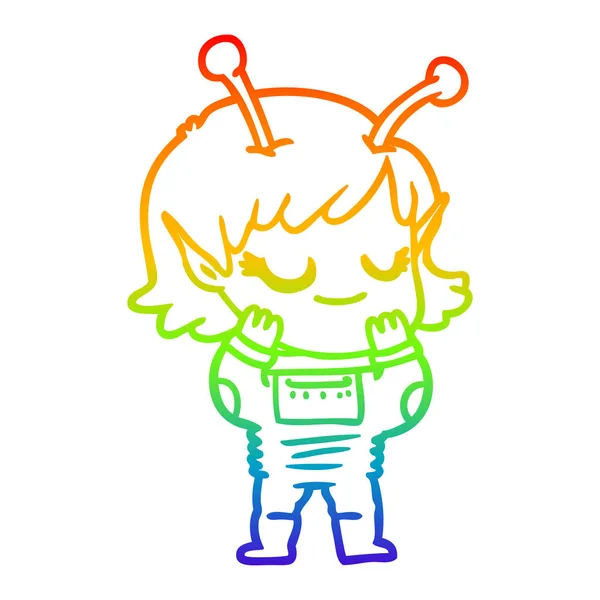 Rainbow gradient ligne dessin sourire alien fille dessin animé — Image vectorielle