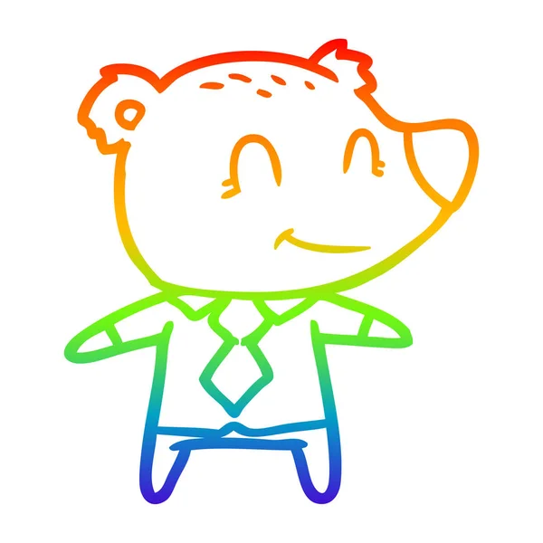 Rainbow gradient line drawing cartoon bear in shirt and tie — Stock Vector