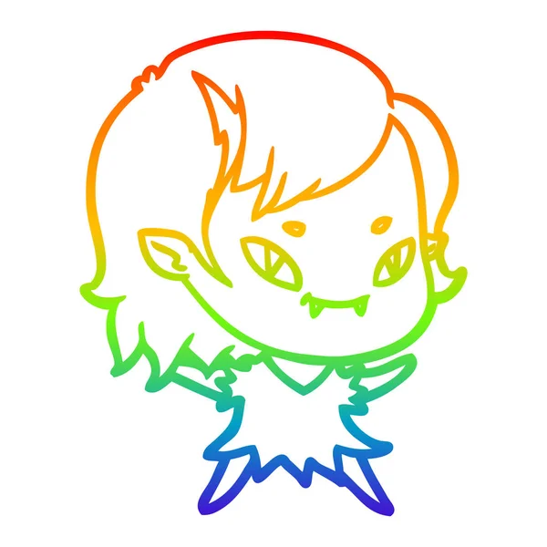 Arco iris gradiente línea dibujo dibujos animados amigable vampiro chica — Vector de stock