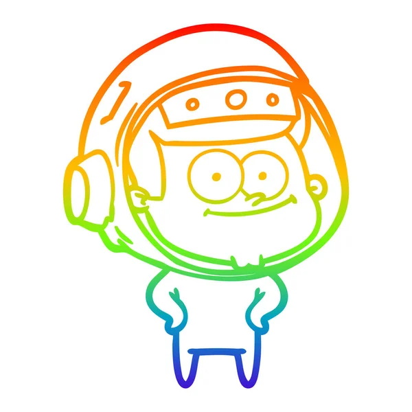 Regenbogen-Gradienten-Linie zeichnet glücklichen Astronauten-Cartoon — Stockvektor