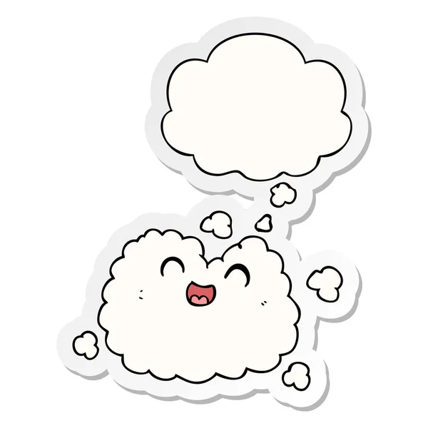 Καρτούν χαρούμενο σύννεφο καπνού και φούσκα σκέψης ως τυπωμένο αυτοκόλλητο — Διανυσματικό Αρχείο