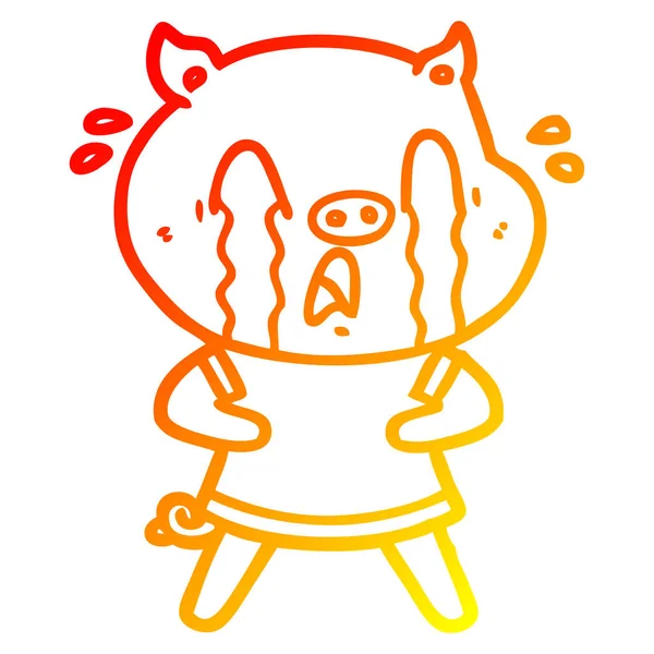 Warm gradient line drawing crying pig cartoon wearing human clot — Stock Vector