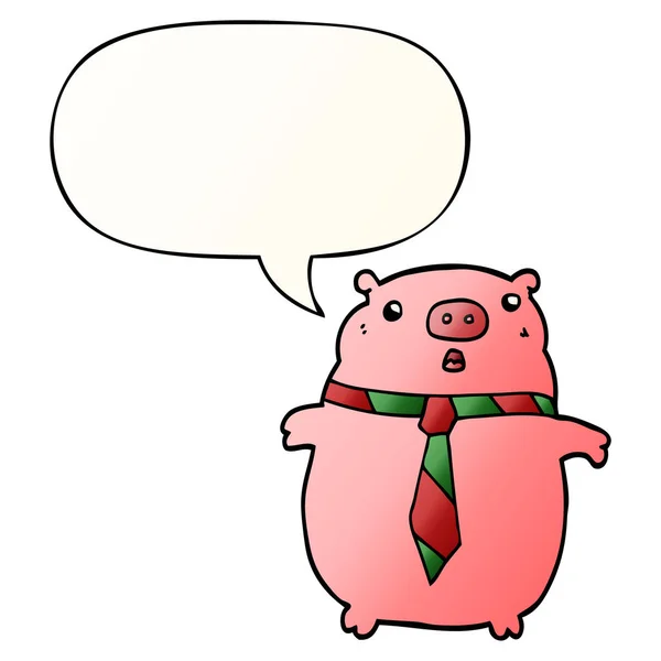 Cerdo de dibujos animados con corbata de oficina y burbuja de habla en gradi suave — Vector de stock