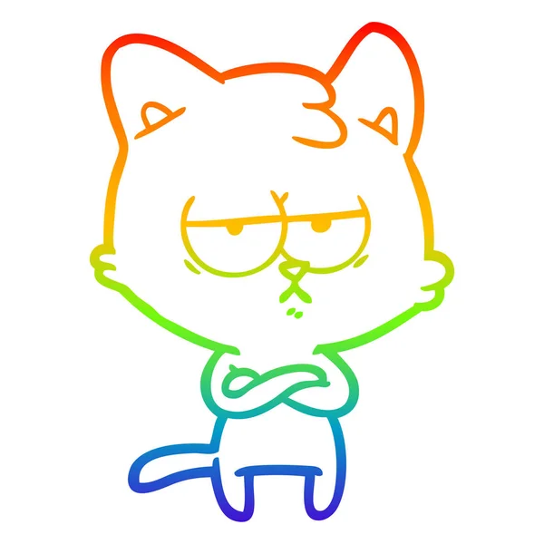 Rainbow gradient ligne dessin ennuyé dessin animé chat — Image vectorielle