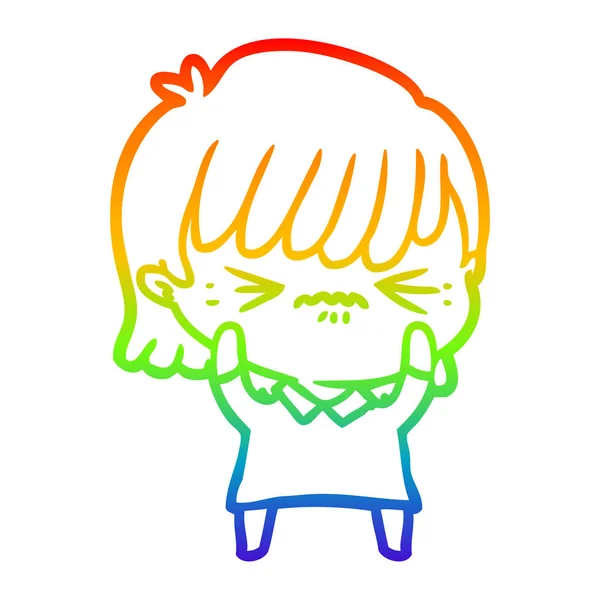 Rainbow gradient line drawing annoyed cartoon girl — Stock Vector