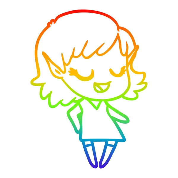 Rainbow gradient line drawing happy cartoon elf girl — Stock Vector