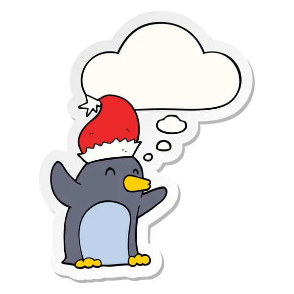 Carino pinguino di Natale cartone animato e bolla di pensiero come un s stampato — Vettoriale Stock