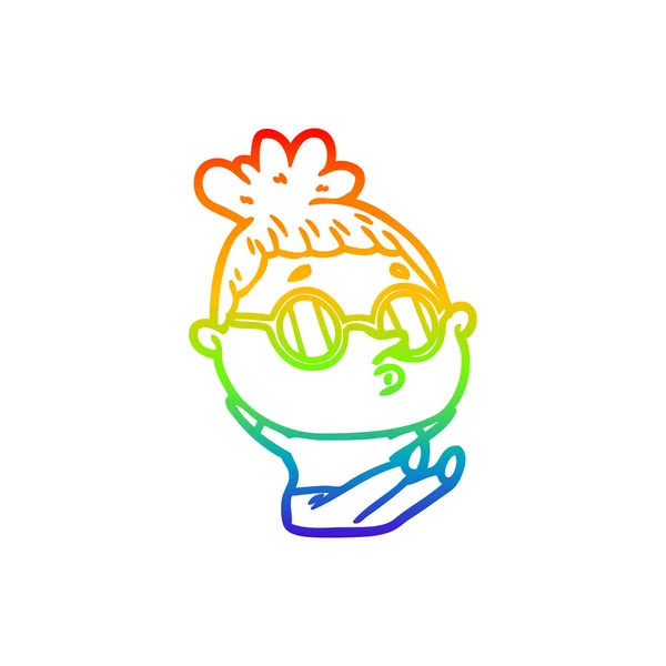 Rainbow gradient ligne dessin dessin animé femme portant des lunettes de soleil — Image vectorielle