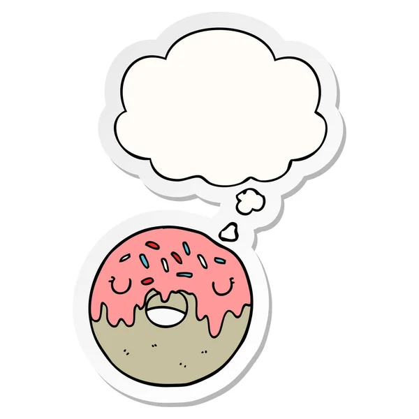 Karikatür donut ve baskılı bir etiket olarak düşünce balonu — Stok Vektör