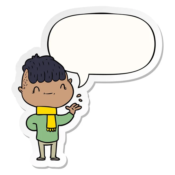 Cartoon friendly boy and speech bubble sticker — Stock Vector