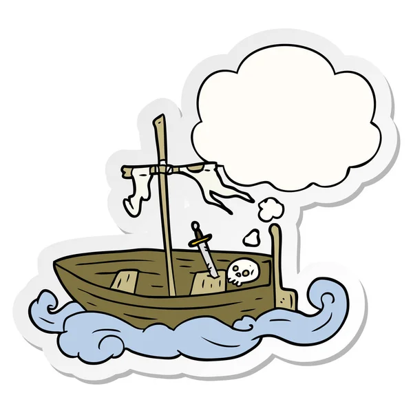 Tecknad gammal båt och tankebubbla som en tryckt klistermärke — Stock vektor