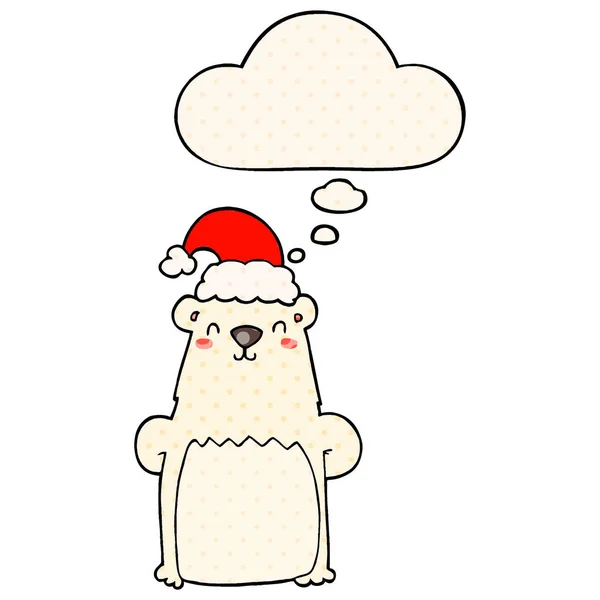 Oso de dibujos animados con sombrero de Navidad y burbuja de pensamiento en el cómic b — Vector de stock