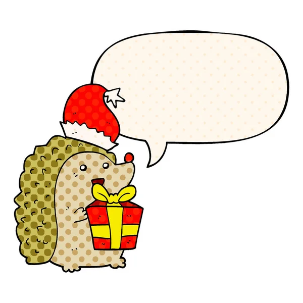 Cartoon hedgehog wearing christmas hat and speech bubble in comi — Stock Vector