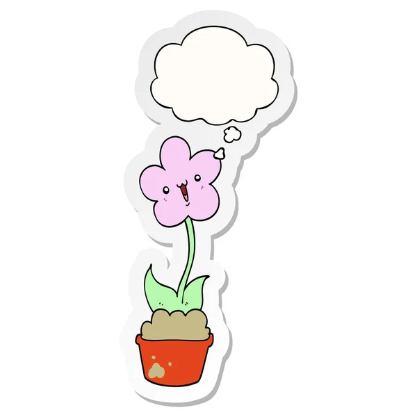 Leuke cartoon bloem en dacht Bubble als een gedrukte sticker — Stockvector