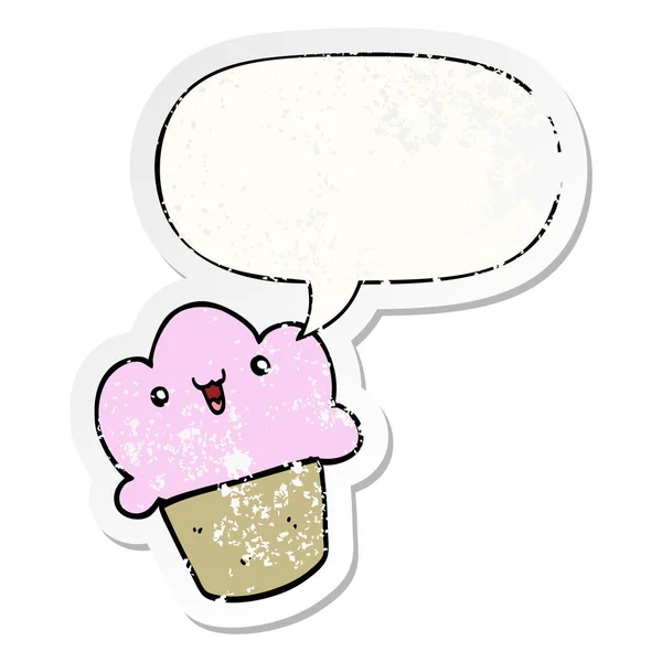 Cartoon cupcake and face and speech bubble distressed sticker — Stock Vector