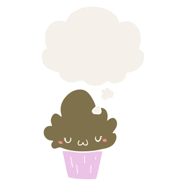 Cupcake dessin animé avec visage et bulle de pensée dans un style rétro — Image vectorielle