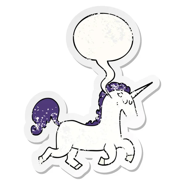 Karikatür tek boynuzlu at ve konuşma balonu sıkıntılı etiket — Stok Vektör