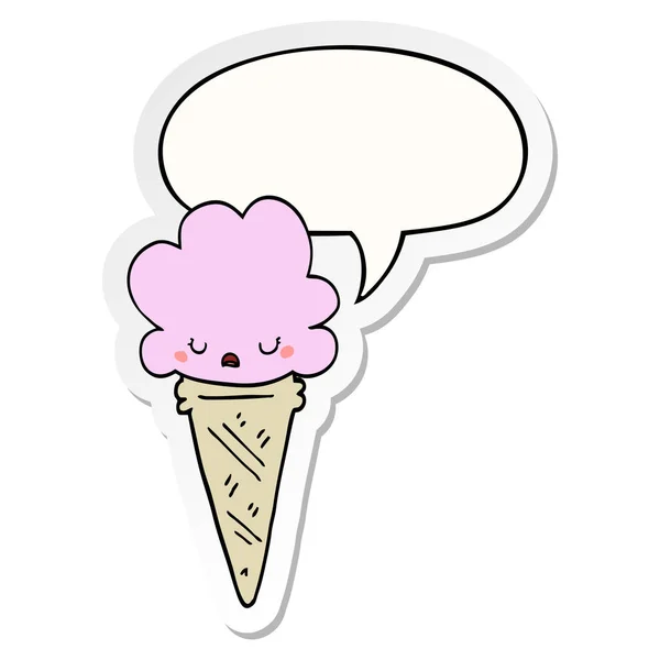 Helado de dibujos animados y la cara y el habla pegatina burbuja — Vector de stock