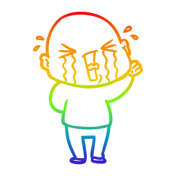 Regenboog gradiënt lijntekening cartoon huilen kale man — Stockvector