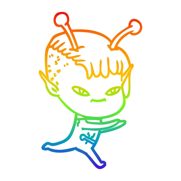 Rainbow gradient ligne dessin mignon dessin animé alien fille — Image vectorielle