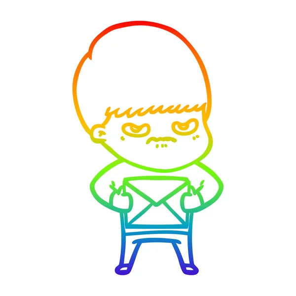 Regenbogen-Gradienten-Linie zeichnet wütenden Cartoon-Jungen — Stockvektor