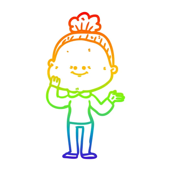 Regenboog gradiënt lijntekening cartoon gelukkig oude vrouw — Stockvector