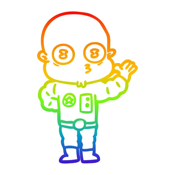彩虹渐变线绘制挥舞怪异的秃头太空人 — 图库矢量图片
