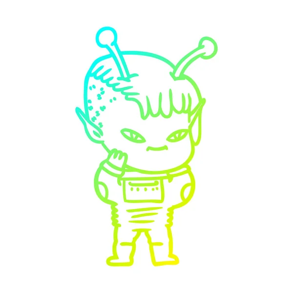Frío gradiente línea dibujo lindo dibujos animados chica alienígena — Vector de stock