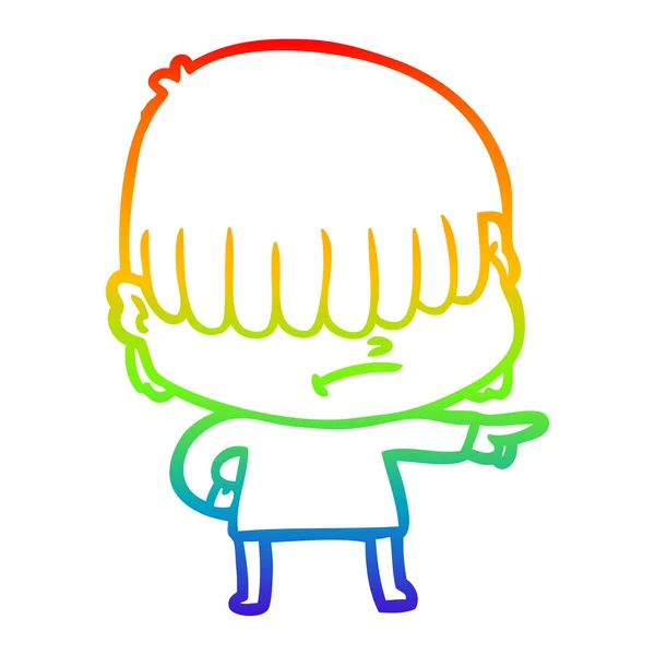 Радужная градиентная линия рисует мультяшного мальчика с неопрятными волосами — стоковый вектор