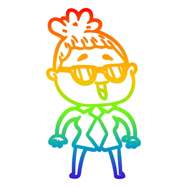 Rainbow gradient line drawing cartoon happy woman wearing specta — Stock Vector