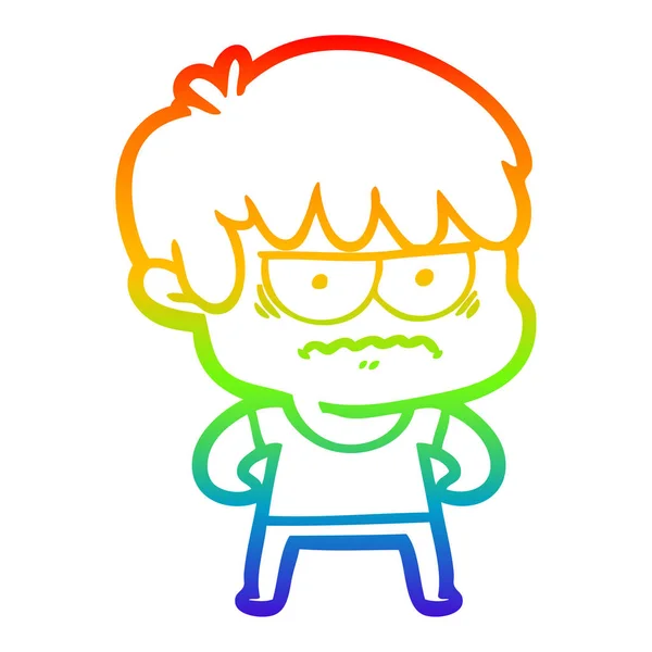 Linea gradiente arcobaleno disegno infastidito ragazzo dei cartoni animati — Vettoriale Stock