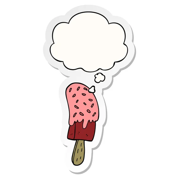 Cartoon Ice Cream lolly en dacht Bubble als een gedrukte sticker — Stockvector