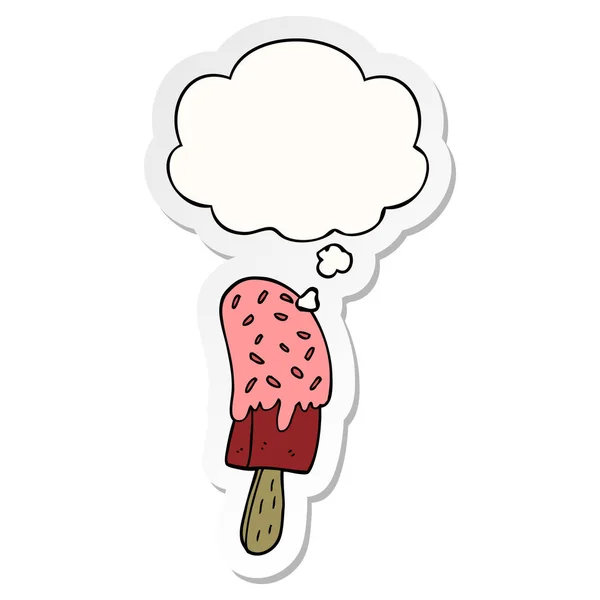 Helado de dibujos animados lolly y burbuja de pensamiento como una pegatina impresa — Vector de stock