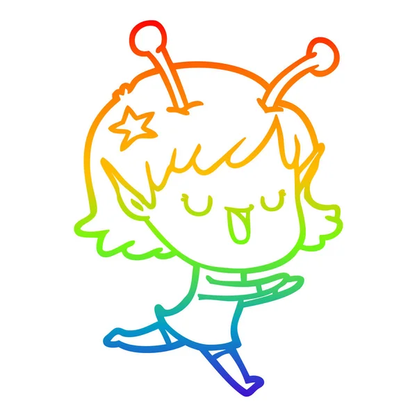 Arco iris gradiente línea dibujo feliz chica alienígena dibujos animados — Archivo Imágenes Vectoriales