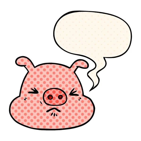 Cara de cerdo enojado de dibujos animados y burbuja del habla en estilo de cómic — Vector de stock