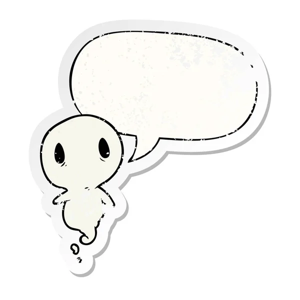 Lindo dibujo animado fantasma y habla burbuja angustiado etiqueta engomada — Archivo Imágenes Vectoriales