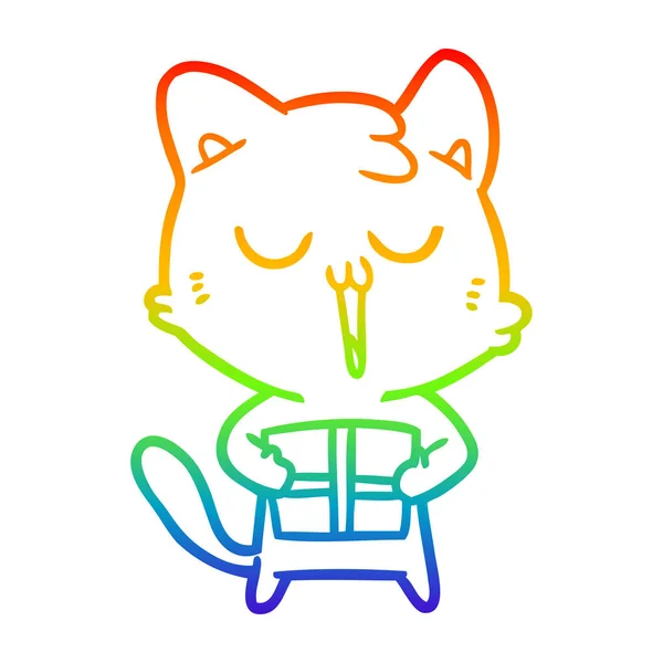Rainbow gradient line drawing cartoon cat with present — Stock Vector