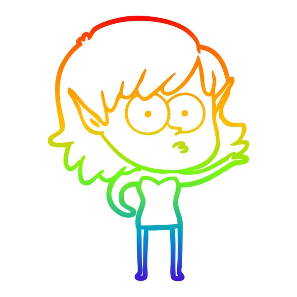 Arco iris gradiente línea dibujo dibujos animados sorprendido elfo chica — Vector de stock