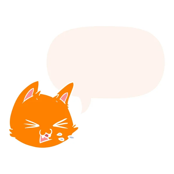 Spitting cartoon cat face and speech bubble in retro style — Stock Vector